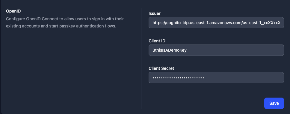 SendAuth identity provider configuration screenshot