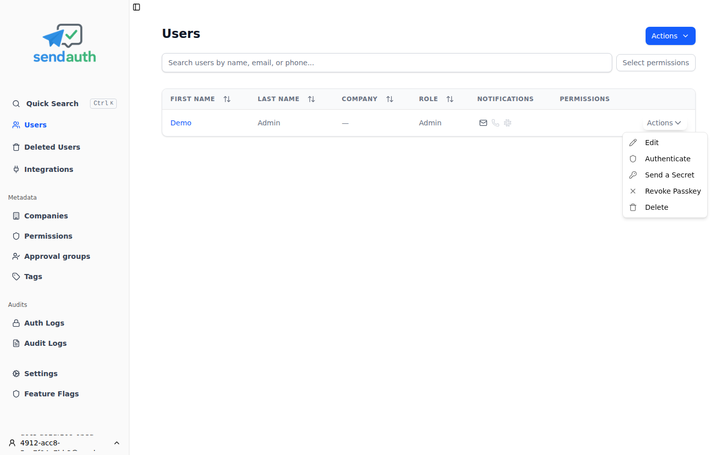 Actions dropdown showing Send a Secret option