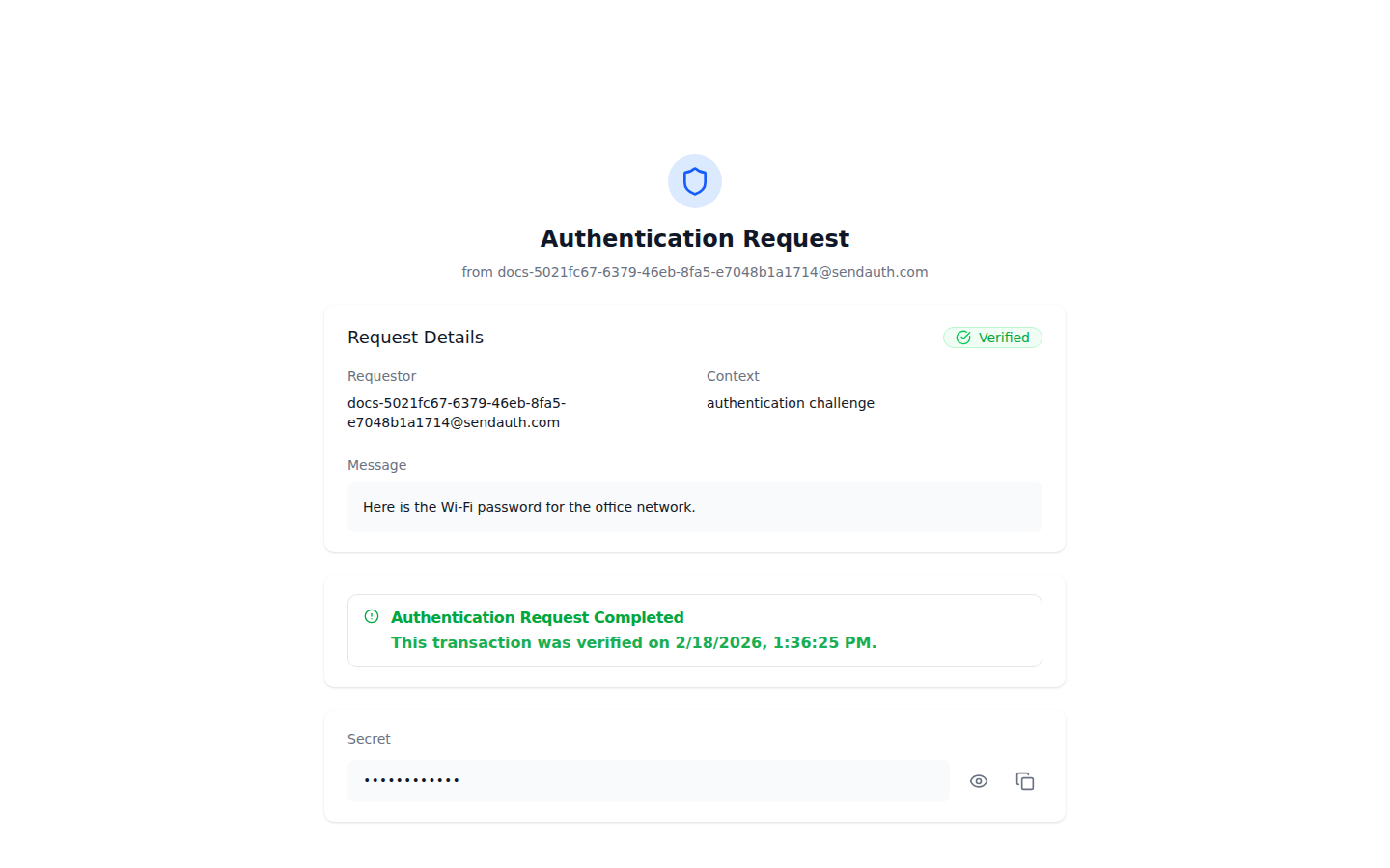 Verified transaction with secret section visible