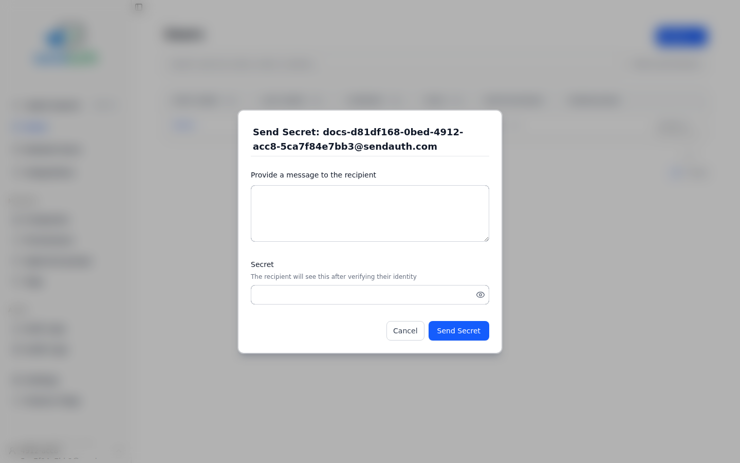 Send Secret modal with empty fields