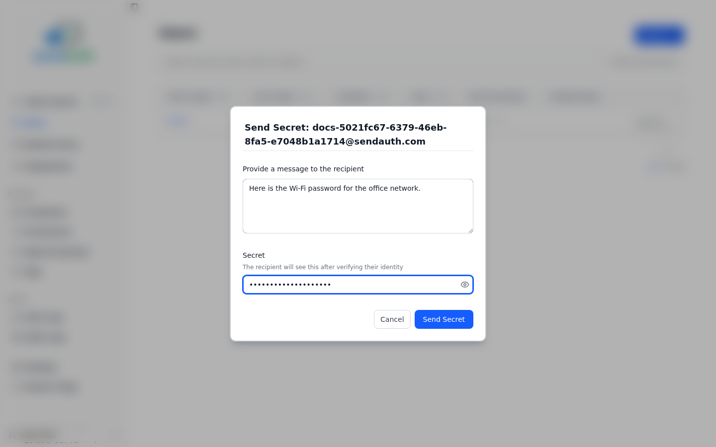 Send Secret modal with message and masked secret filled in